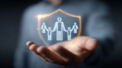 A family protection concept displayed as a glowing shield icon surrounding simplified human figures held above an open hand, symbolizing care security and long term wellbeing.
