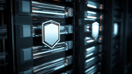 A metallic shield emblem mounted on futuristic panels representing digital protection system security and advanced technological defense.

