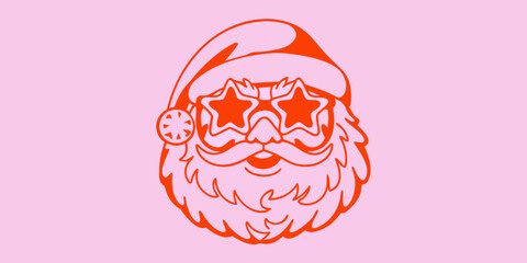A vibrant red santa claus face with star shaped sunglasses on pink background