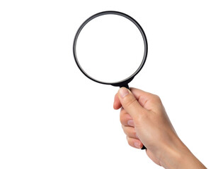 Hand holding magnifying glass for investigation, showing search analysis, or visual discovery of data details