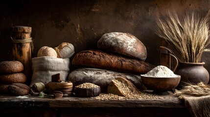 Various freshly baked artisan loaves and baking ingredients are arranged in a rustic still life composition.