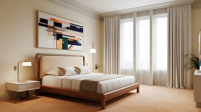 Modern bedroom with abstract art - Powered by Adobe