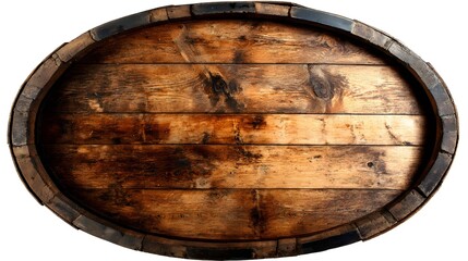 Fototapeta premium Oval surface constructed from aged, dark stained wooden planks framed by metal bands