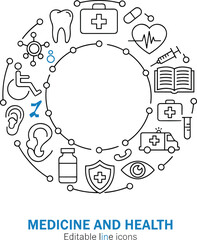 Circular arrangement of medical and healthcare outline icons, symbolizing comprehensive wellness, hospital services, dentistry, emergency response,