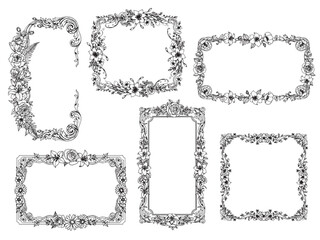 Floral Antique Border Frame Detailed Line Engraving Isolated