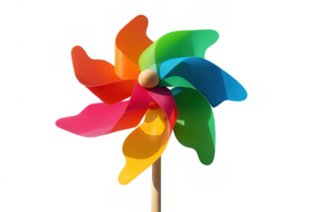 Colorful pinwheel toy spinning, symbolizing childhood playtime, fun, and wind power on a transparent background