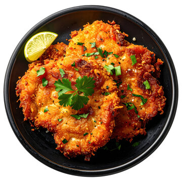 Golden and crispy ecuadorian fritada featuring succulent fried pork pieces presented on a plate isolated on white background