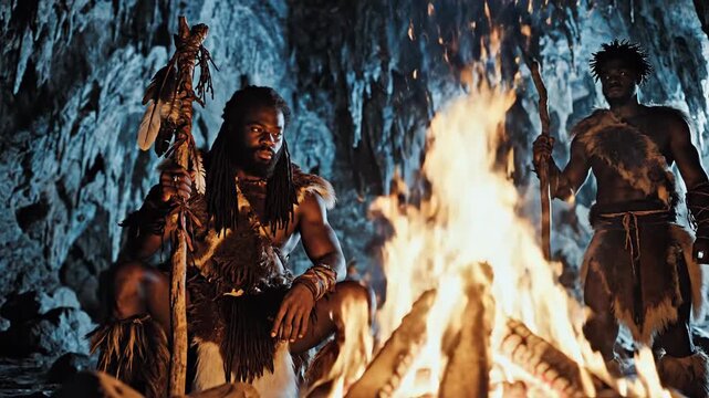 Ancient Tribe Gathers Around a Crackling Fire in a Mystical Cave Setting.