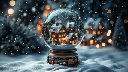 Enchanting Christmas Snow Globe with Illuminated Village Houses Set in a Winter Wonderland
