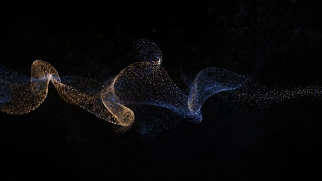 Abstract glowing blue and gold particles form a sinuous wave against a black background