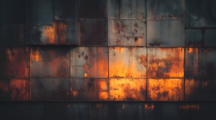 Weathered metal cladding displays vibrant patches of intense orange and deep rust coloration