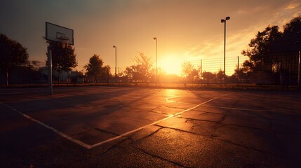 Empty outdoor sports court bathed in the warm glow of a setting sun.
