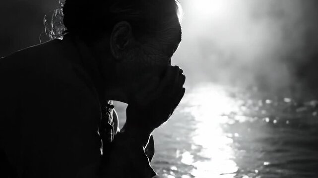 Elderly Woman Performs Ritual Ablution in Holy Water Black and White