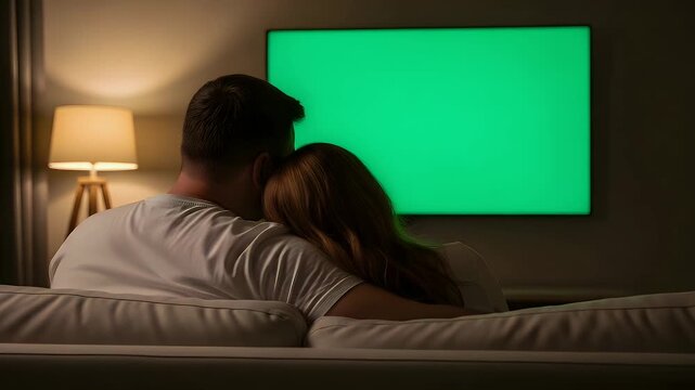 Romantic couple snuggling while watching a vibrant green screen TV in a cozy living room at night together - Powered by Adobe