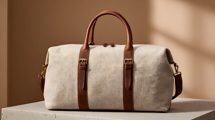 Neutral canvas duffel bag with rich leather accents rests on a stone surface