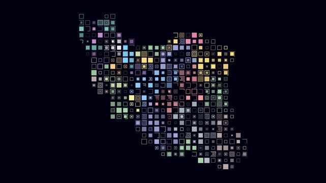 Iran map animation. Shape of the country with pulsating colored dots. Large size square blocks. Digital style Iran map on dark background. Vibrant video.