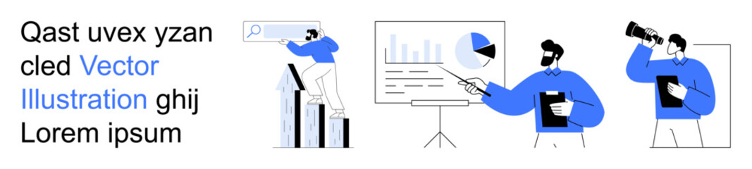 Business strategy, team collaboration, market analysis, project management, communication, data visualization. Team presenting charts, analyzing data discussing strategies. Business strategy