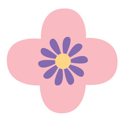 Pastel flower illustration with rounded pink petals and a purple center, designed as a flat decorative floral graphic suitable for modern creative compositions.
