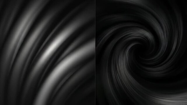 Abstract black and gray divided image with curving shapes on one side, spiral on other