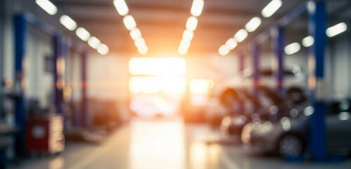 Blurry interior of a brightly lit vehicle repair garage with lifts, showing indistinct shapes and soft highlights that evoke an active yet unfocused industrial workspace.