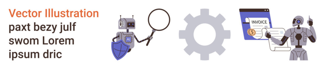 Cybersecurity, data analysis, automation, artificial intelligence, digital protection, financial processes. Robot holding magnifying glass, shield invoice gear icon. Cybersecurity and data analysis