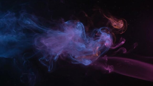 Dynamic plumes of blue, purple, and orange smoke swirl against a dark, cosmic background