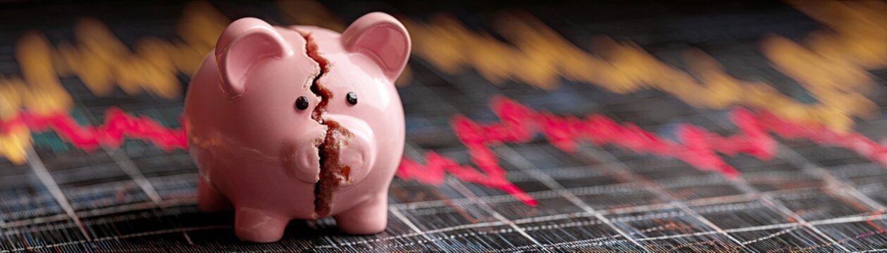 A broken piggy bank sits on a fluctuating financial chart, symbolizing financial struggles and economic downturns.