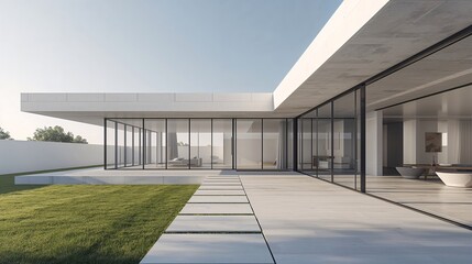  Minimalist white modern home blending clean geometric lines with a wide glass front entry exterior design background aesthetic wallpaper 4k