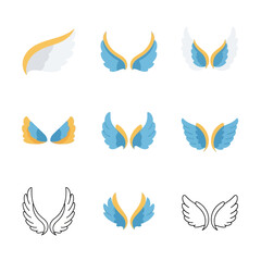 Fototapeta premium Decorative Bird Wing Icons in Blue and Gold Feathered Styles