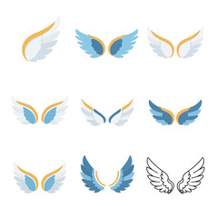 Fototapeta premium Angel Wing Icon Set Featuring Soft Feathered Blue and Gold Wing Designs