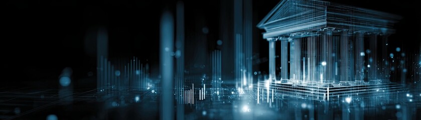 Obraz premium A futuristic digital representation of a classical structure, highlighting technology and architecture with glowing elements and data visualizations.