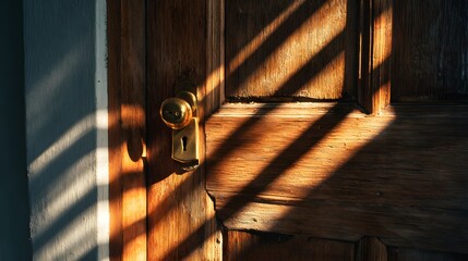 Diagonal bands of bright sunlight stream across an old wooden door with a brass doorknob.