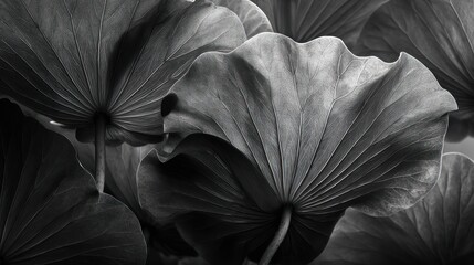 Monochromatic image of layered lotus leaves from below, detailed veins and wavy edges