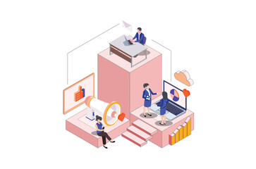 Obraz premium Isometric Business people characters, meeting, teamworking in office rooms. Trendy isometry suitable for background, banner, infographic template. Isometric line vector illustration.
