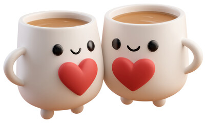 Obraz premium 3D Cute Cartoon Couple Mugs Icon, Two White Rounded Coffee Cups with Red Hearts and Happy Faces, Symbol of Dating and Love isolated on transparent background.