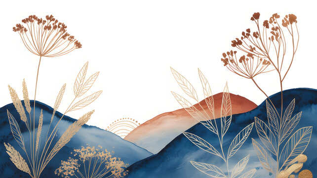 An elegant abstract watercolor landscape features rolling hills in rich blue and warm terracotta hues, suggesting a tranquil horizon. 