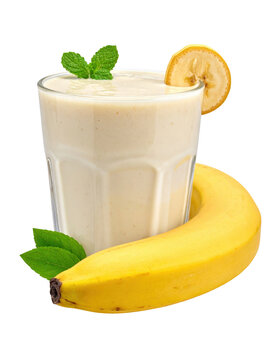 Creamy mexican licuado, a thick banana milkshake-like smoothie in a tall glass, isolated on a white background