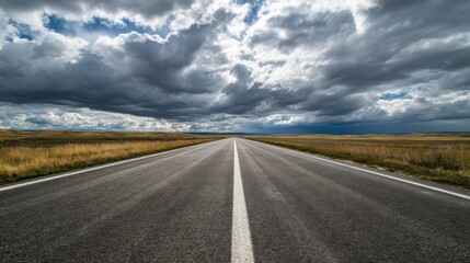 Fototapeta premium An empty two-lane road stretches straight across flat terrain under a partly cloudy sky with dense clouds suggesting imp