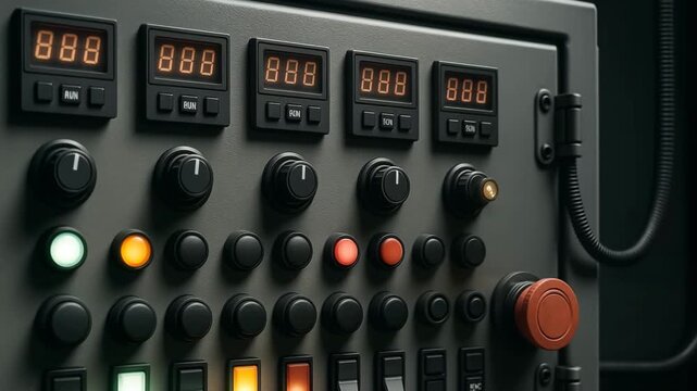A close-up of a modern industrial control panel featuring several digital readouts, adjustable knobs, colored indicator lights, and an emergency stop button, symbolizing automation, manufacturing, and