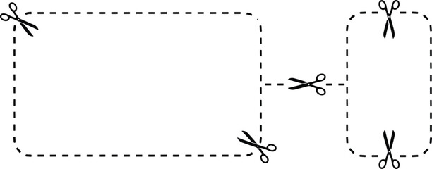A vector set of various dotted line frames and borders with scissors at the corners, clearly indicating 