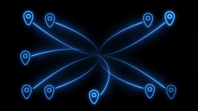 Network of Blue Neon Location Pins Connected by Glowing Lines on Black connection