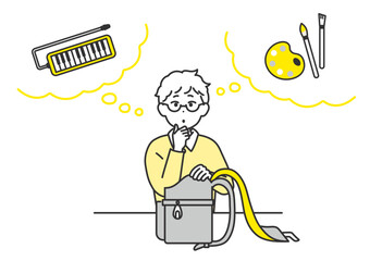 翌日の学校の持ち物を思い出そうとしている男の子のイメージイラスト