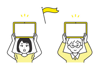タブレットを持ち上げて紹介している小学生の男の子と女の子のイラスト