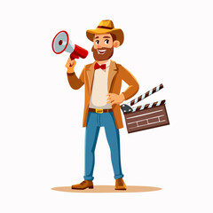 Enthusiastic Film Director Character Holding Megaphone and Clapperboard, Ready for Production