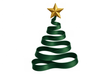 Abstract christmas tree made from a swirling green satin ribbon and topped with a shining gold star for festive holiday decor