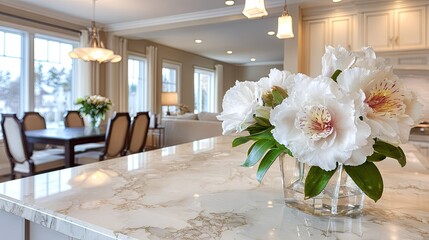 Elegant floral arrangement adorns a marble countertop in a spacious modern home.