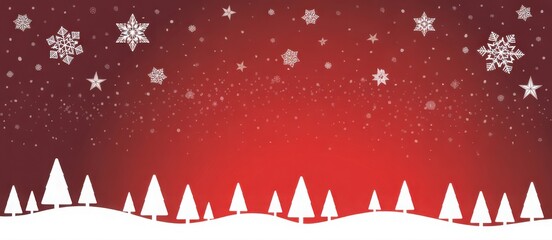 Festive red background with falling snow and white christmas trees