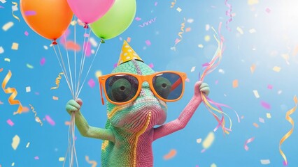 Cool chameleon wearing orange sunglasses and party hat holding balloons amid falling confetti