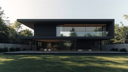 Sleek black minimalist home featuring clean geometric design and bold glass entrance exterior design background aesthetic wallpaper 4k