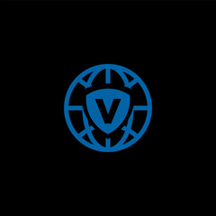 Naklejka premium A blue stylized globe logo with a shield containing the letter V in the center, set against a black background.